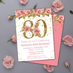 Pink Floral Gold Glitzer 80. Geburtstagsparty Einladung