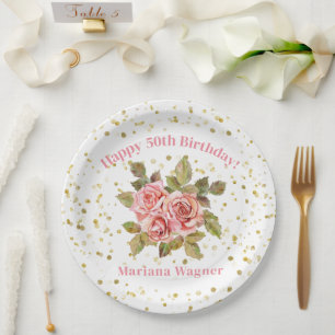Pink Floral Gold Glitzer Geburtstagsparty Pappteller
