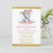 Pink Floral Gold Glitzer Kinderdusche Elefant Einladung (Stehend Vorderseite)