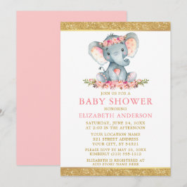 Pink Floral Gold Glitzer Kinderdusche Elefant Einladung