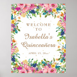 Pink Floral Gold Glitzer Quinceañera Willkommen Poster