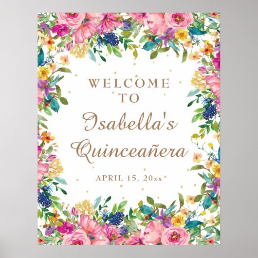 Pink Floral Gold Glitzer Quinceañera Willkommen Poster (Vorne)