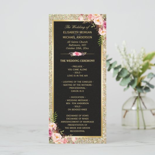 Pink Floral Gold Glitzer Sparkling Wedding Program Programm (Stehend Vorderseite)