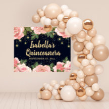 Pink Floral Gold Glitzer Stars Black Quinceañera