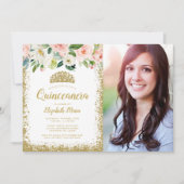 Pink Floral Gold Glitzer Tiara Quinceanera Foto Einladung (Vorderseite)