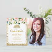 Pink Floral Gold Glitzer Tiara Quinceanera Foto Einladung (Stehend Vorderseite)