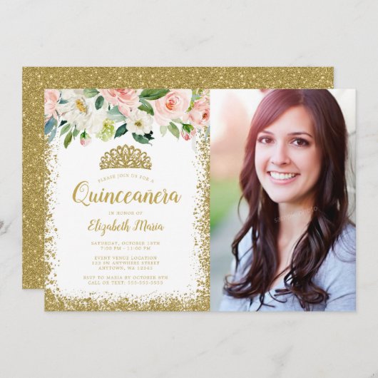 Pink Floral Gold Glitzer Tiara Quinceanera Foto Einladung (Vorne/Hinten)