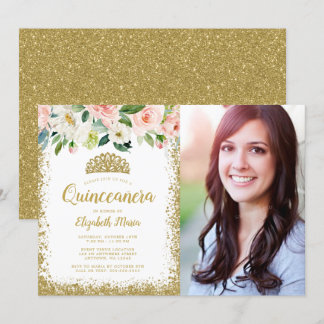 Pink Floral Gold Glitzer Tiara Quinceanera Foto Einladung