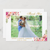 Pink Floral Gold Hochzeit Foto Danke Karte (Vorne/Hinten)