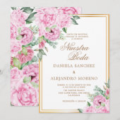 Pink Floral Gold Nuestra Boda Spanische Hochzeit Einladung (Vorne/Hinten)