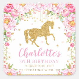 Pink Floral Gold Pferd Geburtstag Vielen Dank für  Quadratischer Aufkleber