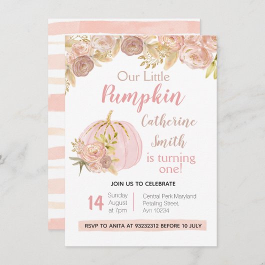 Pink Floral Gold Pumpkin 1. Geburtstag Einladung (Vorne/Hinten)
