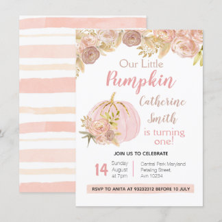 Pink Floral Gold Pumpkin 1. Geburtstag Einladung