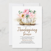 Pink Floral Gold Pumpkin Erntedank Dinner Einladung (Vorderseite)