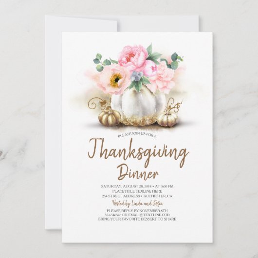Pink Floral Gold Pumpkin Erntedank Dinner Einladung (Vorderseite)