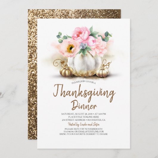 Pink Floral Gold Pumpkin Erntedank Dinner Einladung (Vorne/Hinten)
