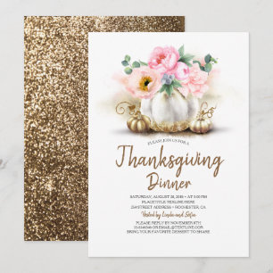 Pink Floral Gold Pumpkin Erntedank Dinner Einladung