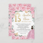 Pink Floral Gold Quinceañera Quince 15 Prayer Card Begleitkarte (Vorne/Hinten)