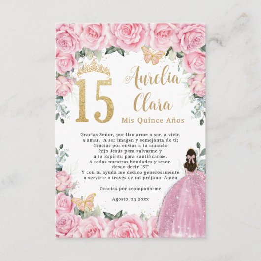 Pink Floral Gold Quinceañera Quince 15 Prayer Card Begleitkarte (Vorderseite)