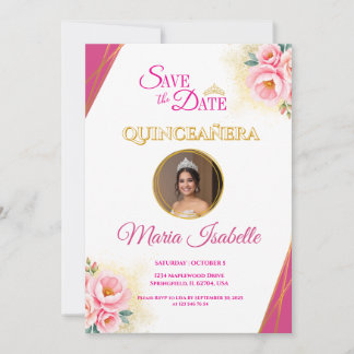 Pink Floral & Gold Quinceñera Save the Date Karte