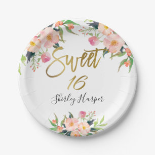 Pink Floral Gold Script 16 . Geburtstag 16 Geburts Pappteller