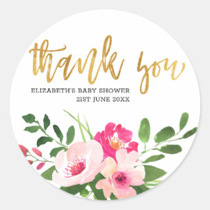 Pink Floral Gold Script Baby Dusche Vielen Dank Runder Aufkleber