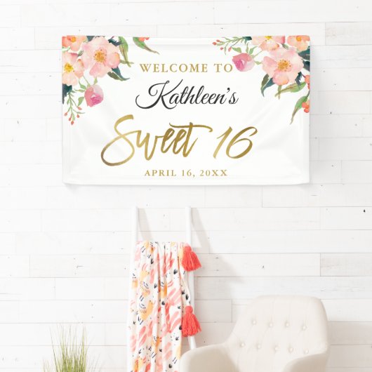 Pink Floral Gold Script Sweet 16 Birthday Banner (Insitu)