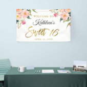 Pink Floral Gold Script Sweet 16 Birthday Banner (Messeveranstaltung)