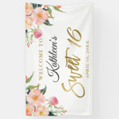 Pink Floral Gold Script Sweet 16 Birthday Banner (Vertikal)