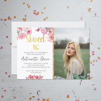 Pink Floral Gold Script Sweet 16 Birthday Foto Einladung