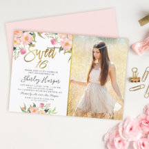 Pink Floral Gold Script Sweet 16 Birthday Foto