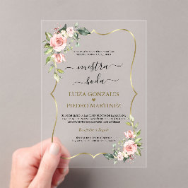 Pink Floral Gold Spanische Kalligrafie Nuestra Bod Acryleinladungen