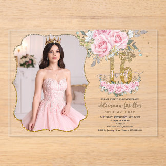 Pink Floral Gold Sweet Sixteen 16th Birthday Photo Acryleinladungen
