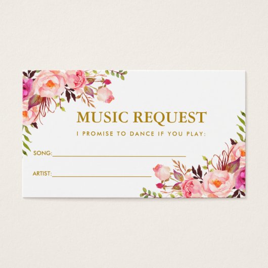 Pink Floral Gold Wedding Music Song Request Card (Vorderseite)
