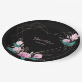 Pink Floral Golden Geometric Elegant Black Party Pappteller (Schrägansicht)