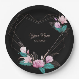 Pink Floral Golden Geometric Elegant Black Party Pappteller