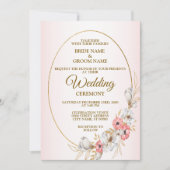 Pink Floral Golden Geometric Peach Wedding Einladung (Vorderseite)