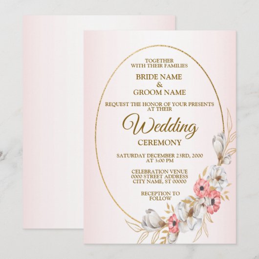 Pink Floral Golden Geometric Peach Wedding Einladung (Vorne/Hinten)