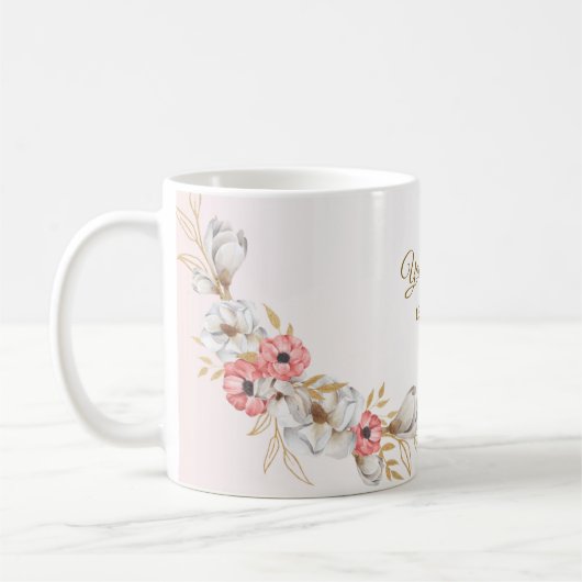Pink Floral Golden Peach Modern Wedding Gift Kaffeetasse (Links)