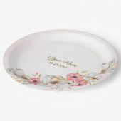 Pink Floral Golden Peach Modern Wedding Party Pappteller (Schrägansicht)