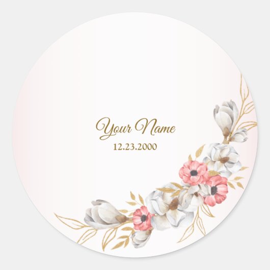 Pink Floral Golden Peach Modern Wedding Party Runder Aufkleber (Vorderseite)