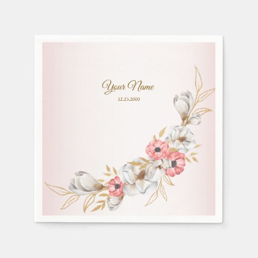Pink Floral Golden Peach Modern Wedding Party Serviette (Vorderseite)