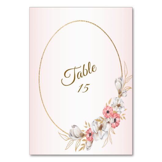 Pink Floral Golden Peach Modern Wedding Party Tischnummer (Vorderseite)