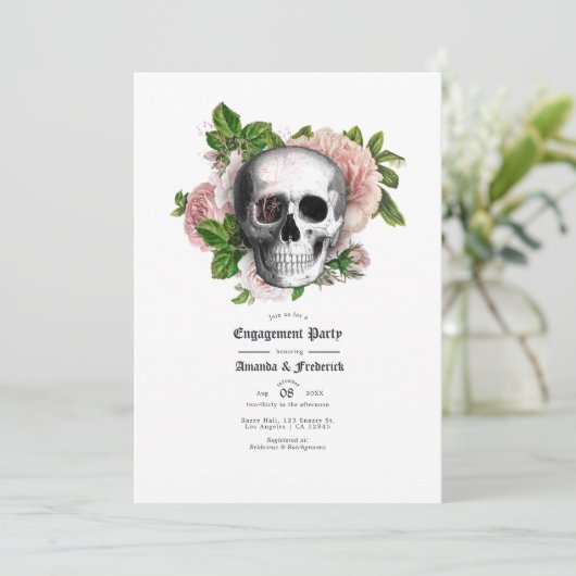 Pink Floral Gothic Skull Engagement Party Einladung (Stehend Vorderseite)