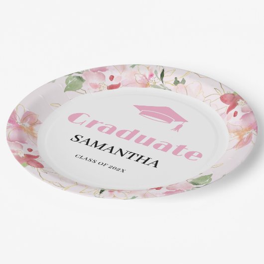 Pink Floral Graduation  Pappteller (Schrägansicht)