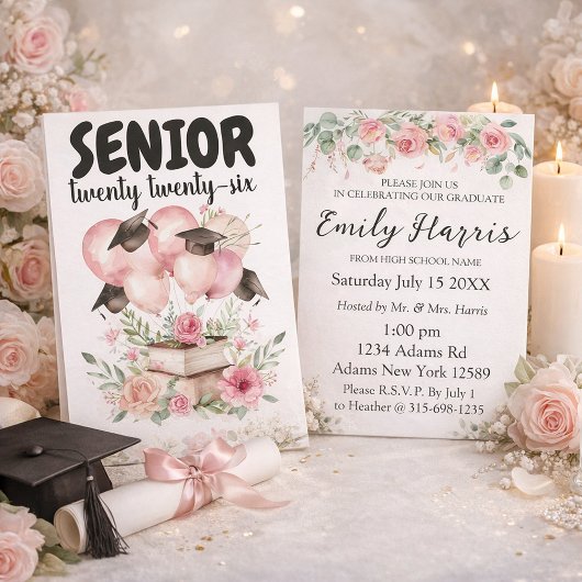 Pink Floral Graduation Party Invitation Karte