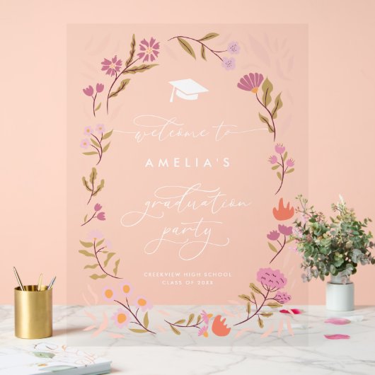 Pink Floral Graduation Party-Zeichen Acrylschild (Hochzeit)