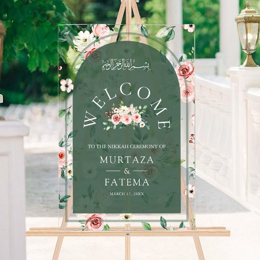 Pink Floral Green Arch Muslim Wedding Welcome Acrylschild