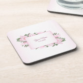 Pink Floral Green Leaves Elegant Wedding Party Getränkeuntersetzer (Linke Seite)