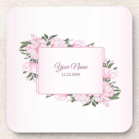 Pink Floral Green Leaves Elegant Wedding Party Getränkeuntersetzer (Vorderseite)